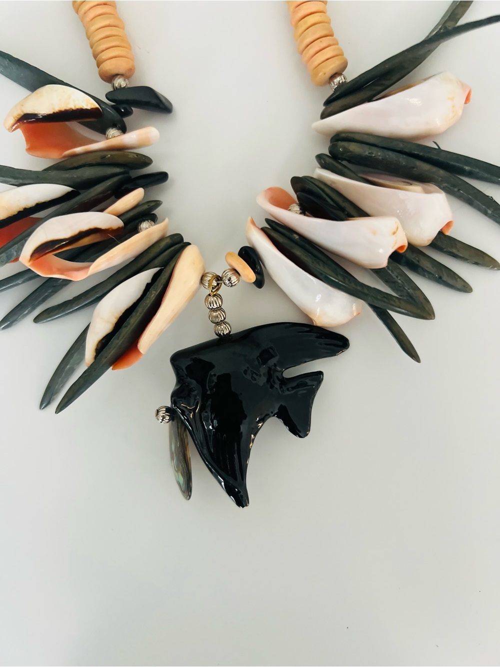 Handcrafted Beach Shell Statement Necklace in Cream, Black and Orange - Picture 3 of 8